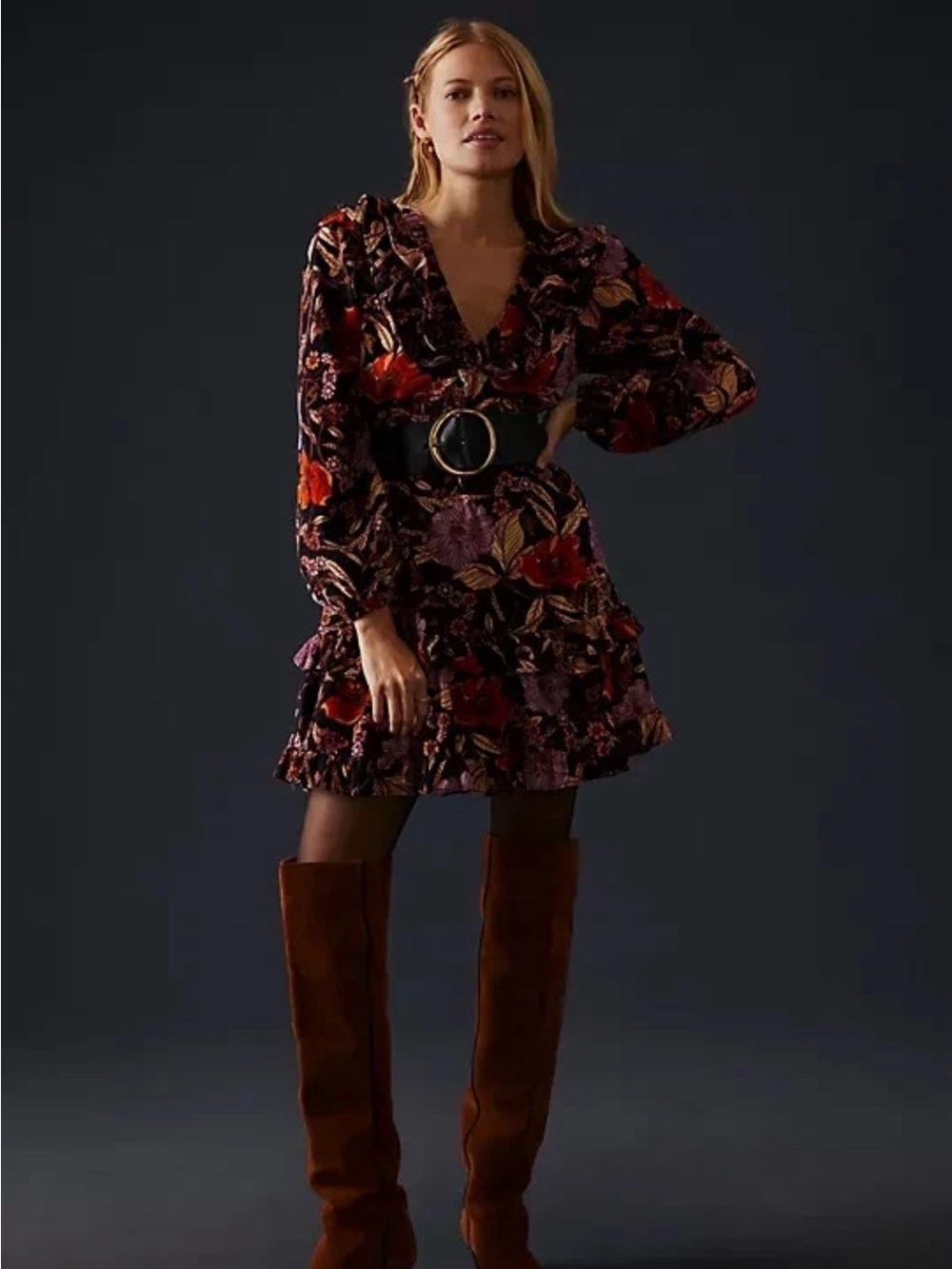 Pilcro Black Floral V-Neck Ruffle Mini Dress with Red and Purple Accents